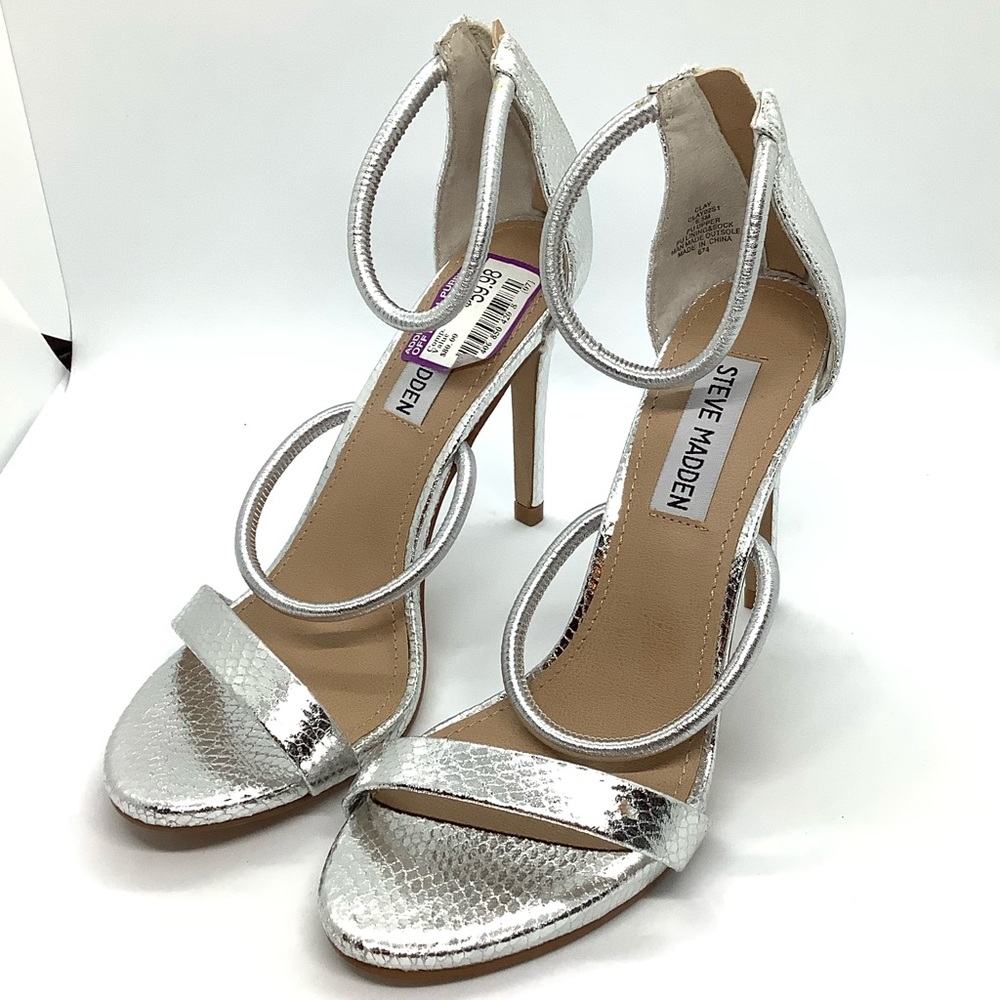 STEVE MADDEN CLAY SILVER STRAPPY STILETTO SANDALS